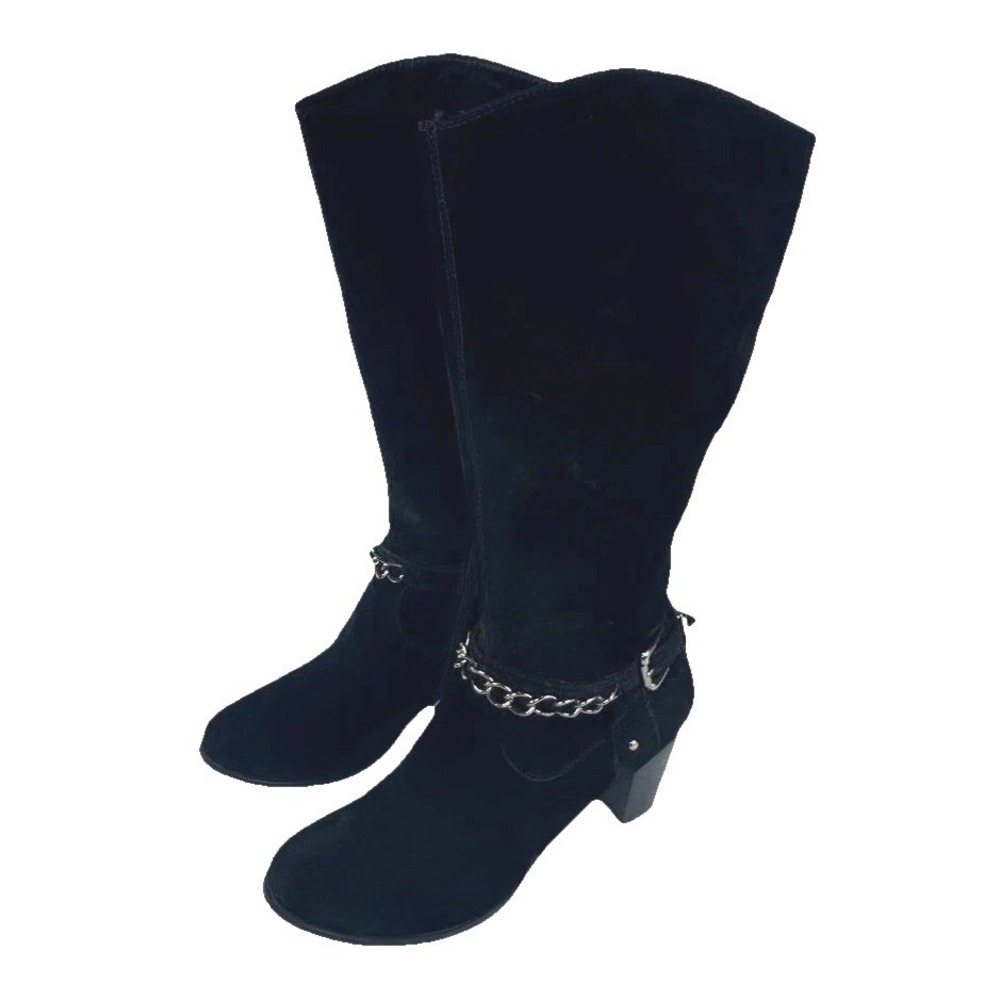 Black Tall Boots Chain Velour Velvet Glam Indie Edgy Grunge Chic Womens 9.5 W